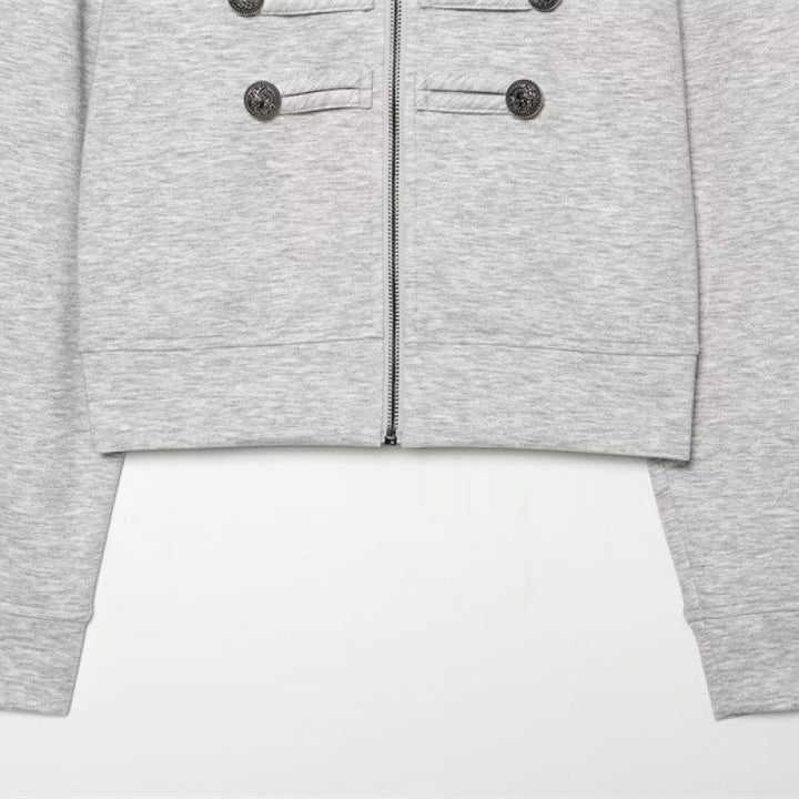 Dam Kort Sweat Jacka i Militär Stil med Ståkrage och Decorative Knapp Detaljer