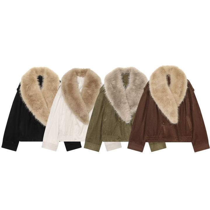 Dam Kort Velour Jacka med Avtagbar XXL Shawl Krage