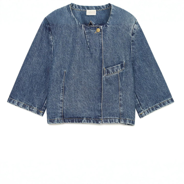Dam Kort Jacka Tillverkad av Denim i A Boxig Skärning med Stå Krage