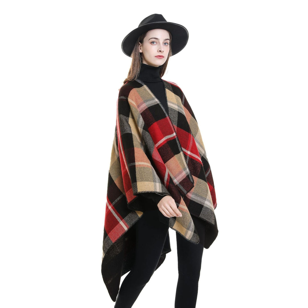 Dam Oversize Rectangle poncho i Cape look med Overlock fåll och Check mönster