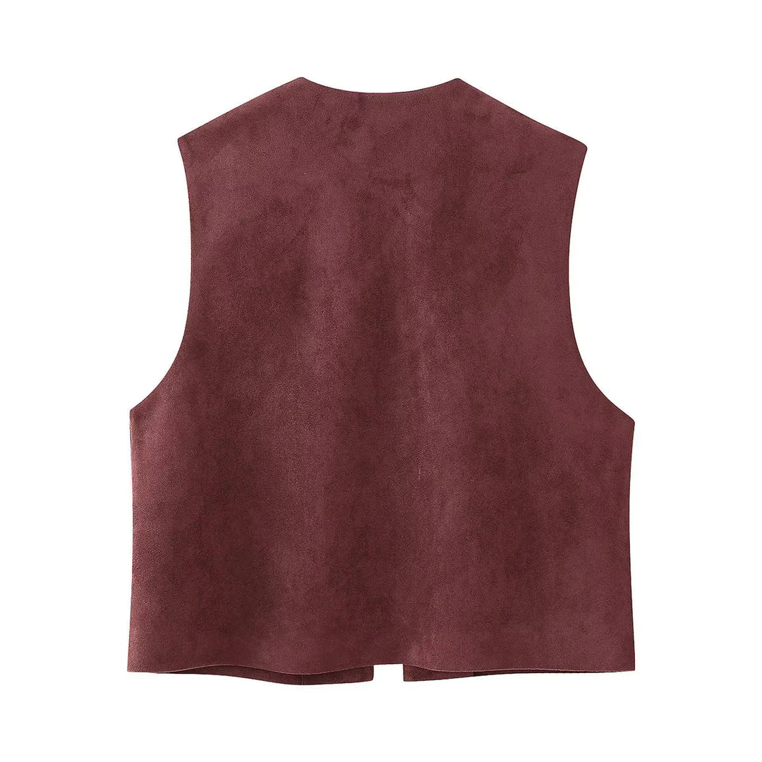 Dam embroidered mocka väst med open skärning, floral appliqué och figurnära silhuett