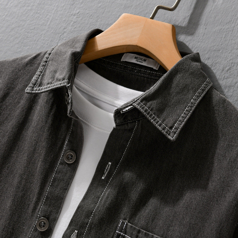 Herr Washed Denim Overshirt i Arbetskläder Look med Kontrast Stitches