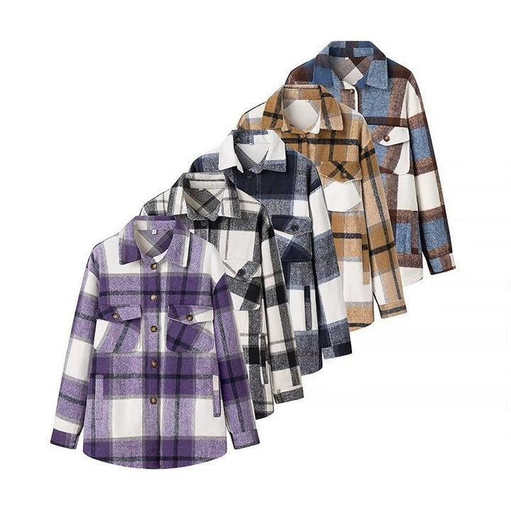 Dam Checked Transition Shacket gjord mjuk Flannel med Attached bröstfickor