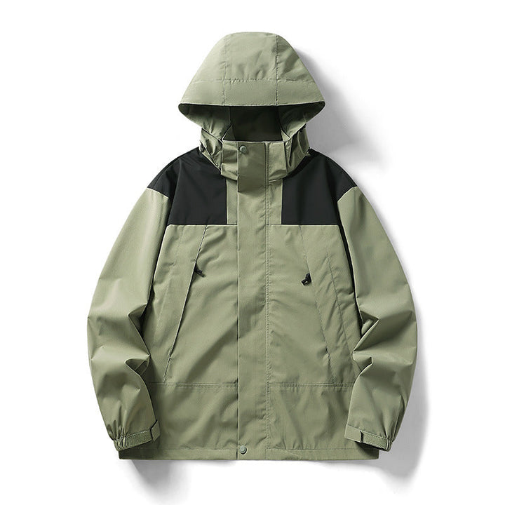 Herr tvåfärgad lätt softshell utomhusjacka med huva, vind- och vattenresistent membran