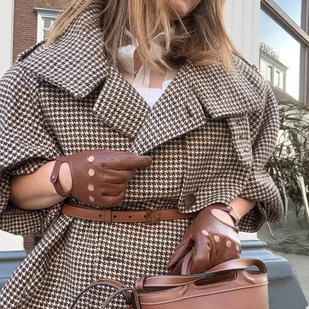 Dam oversize trenchcoat med Houndstooth mönster, hög ståkrage och Shoulder Epaulettes