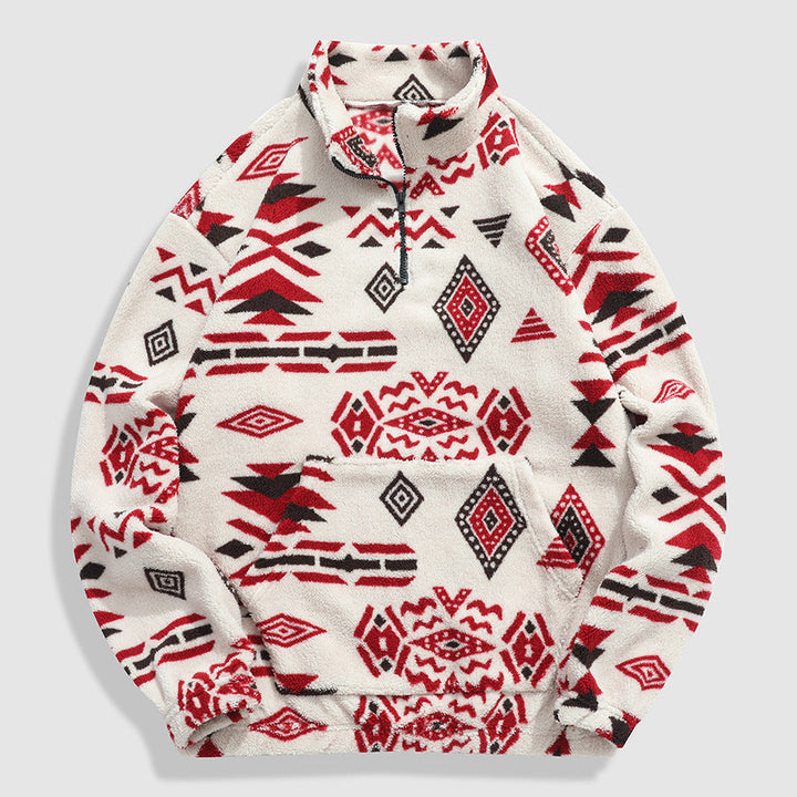 Herr Bekväm Fleece Pullover med Halv Dragkedja och Geometrisk Mönster