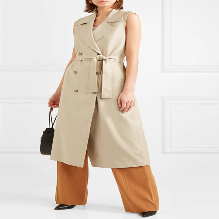 Dam ärmlös wrap trenchcoat gjord bomull blend med double-breasted knappslå och midjebälte