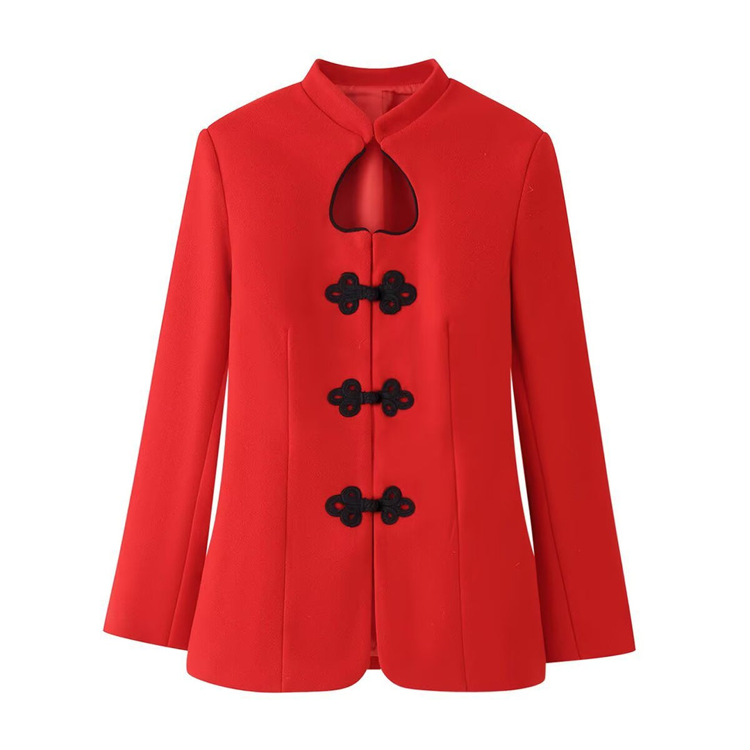 Dam Skräddarsydd Kort Jacka i Mandarin Stil med Keyhole Neckline och Decorative Knot Stängningar