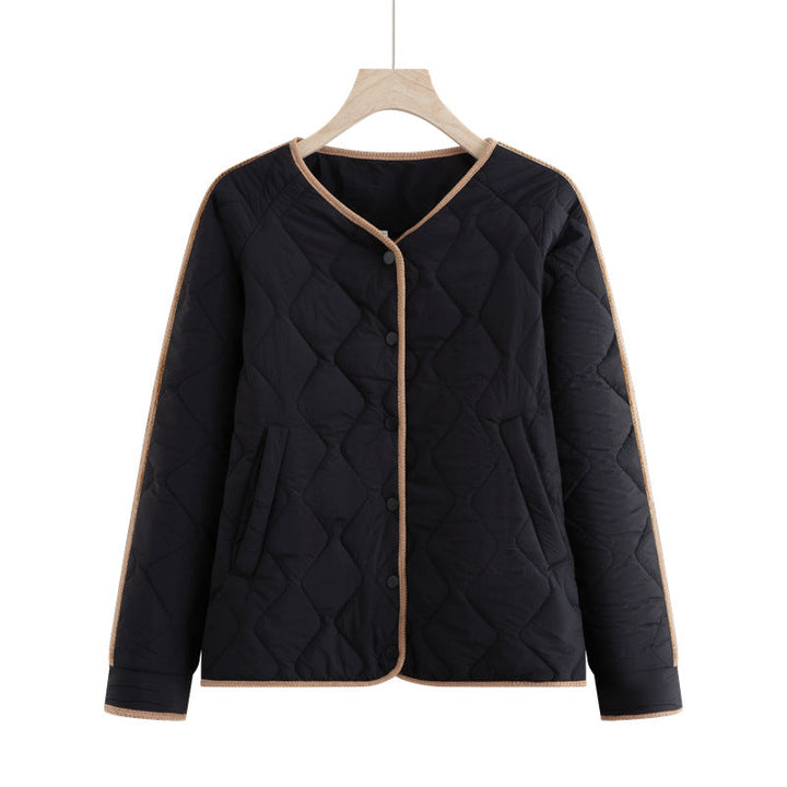 Dam quiltad övergångsjacka med diamond stitching, rund hals och press stud placket