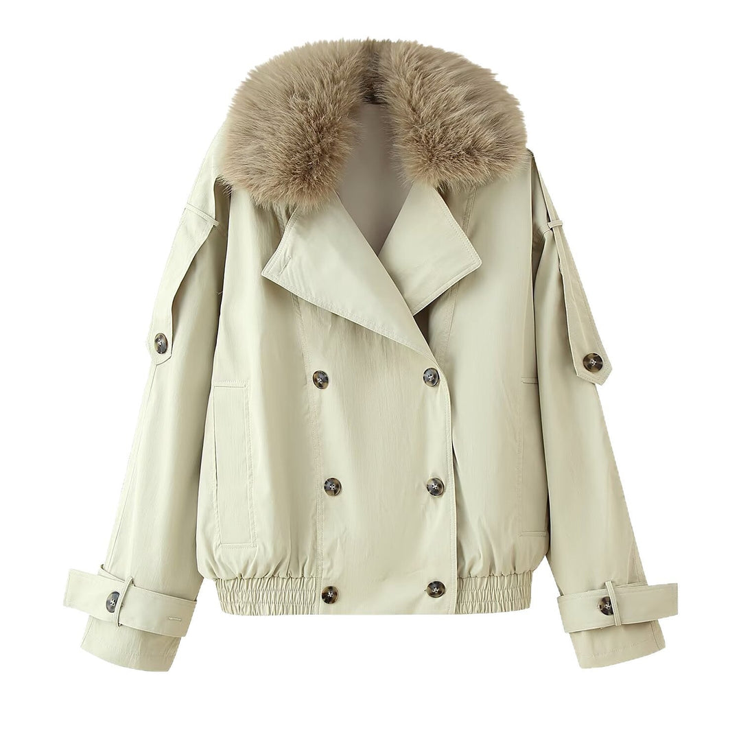 Dam Dubbel-Breasted Blouson med Removable Konstpäls Krage, Midjedragsko och Adjustable Muddar