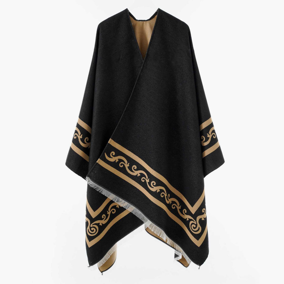 Dam Oversize Cape med Geometric Jacquard och fransfåll