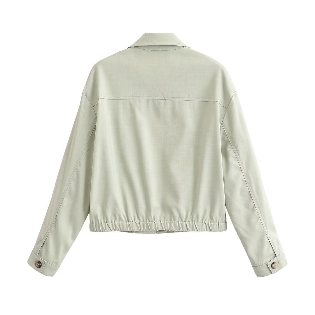 Dam Kort Boxig Worker Jacka med Skjort Krage, Patch Breast Fickor och Elastic Nederkant