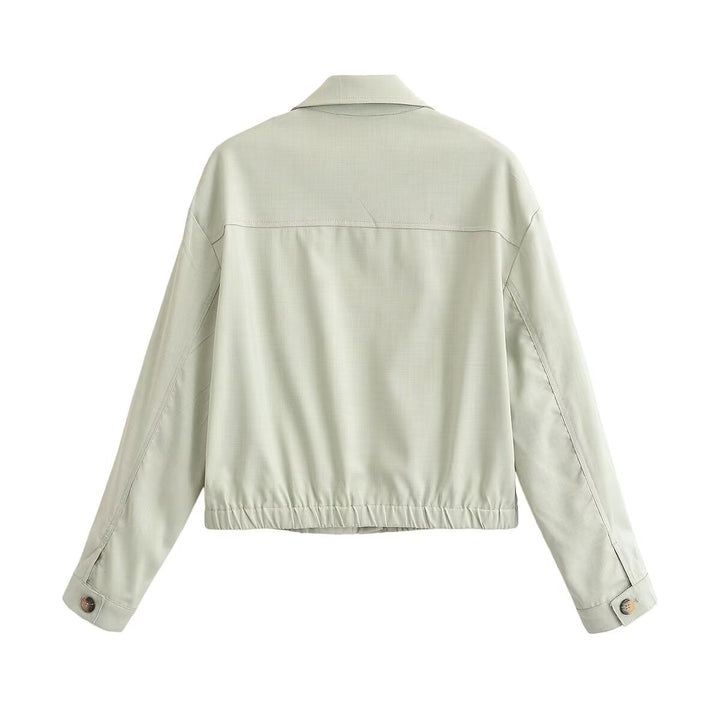 Dam Kort Boxig Worker Jacka med Skjort Krage, Patch Breast Fickor och Elastic Nederkant