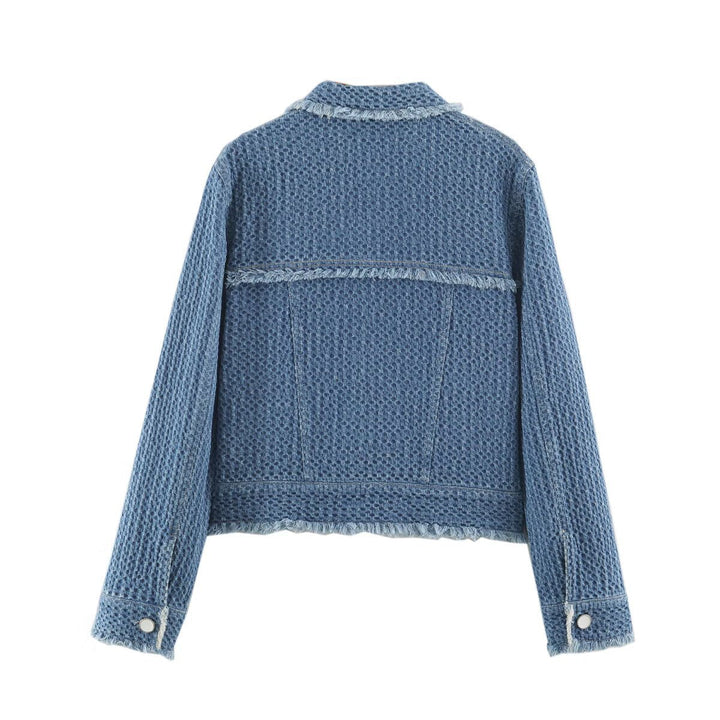 Dam kort Boxy denimjacka med Waffle Texture, utanpåfickor och Fringe Trim
