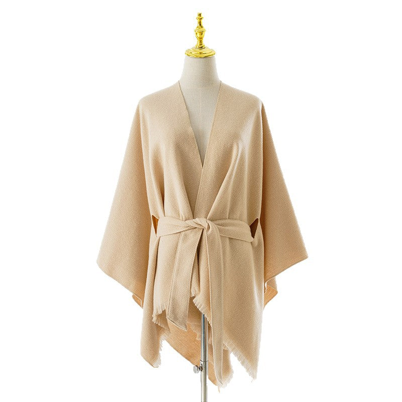 Dam Wrap poncho med Tie bälte, V-Neck och Fringed fåll