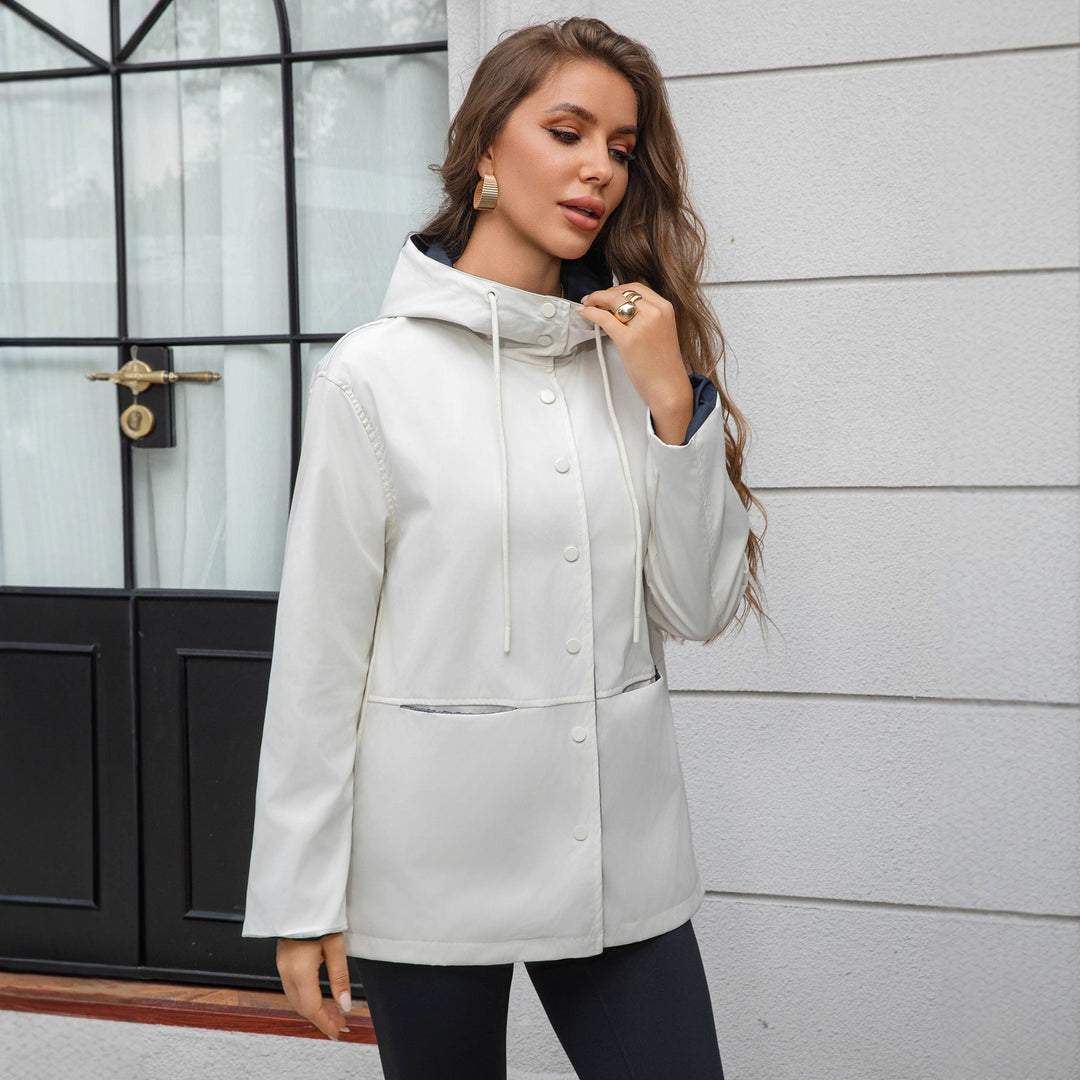 Dam vattenavvisande Hooded jacka med Snap Front, Drawstring och fickor