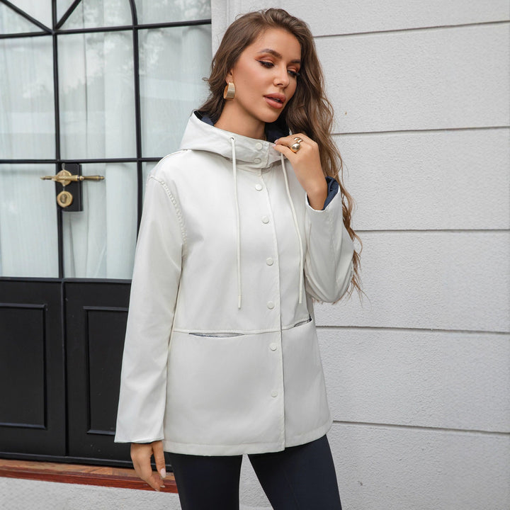 Dam vattenavvisande Hooded jacka med Snap Front, Drawstring och fickor