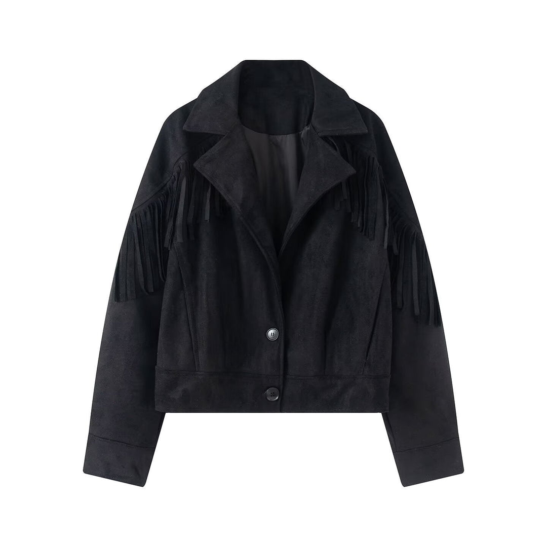 Dam Kort Suede Imitation Jacka med Fringes och Lapel Krage