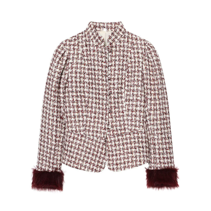 Dam kort jacka gjord boucle tweed med ståkrage och faux fur muddar
