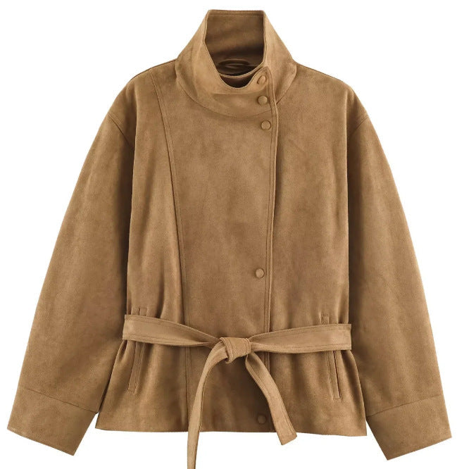 Dam Suede Look Jacka med Hög Stå Krage och Waist Belt