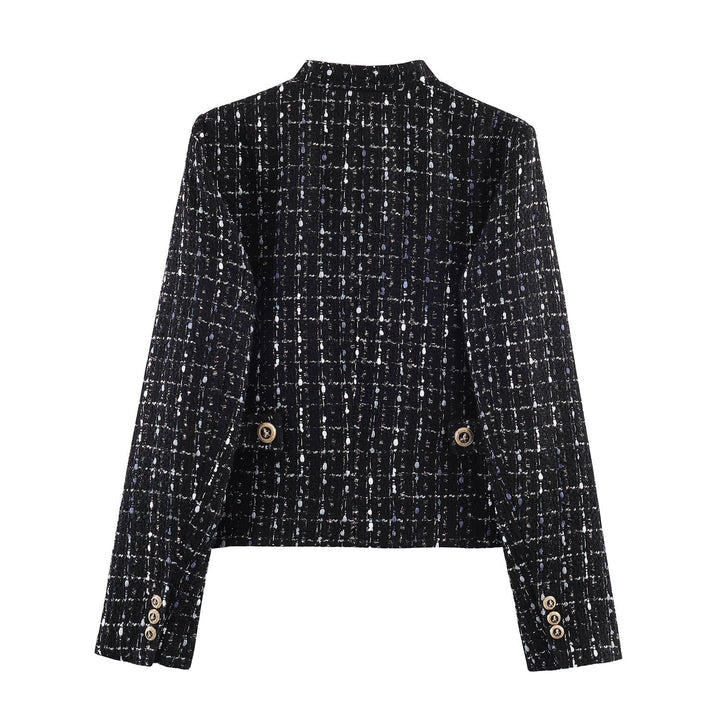 Dam avslappnad tweed jacka med ståkrage, decorative knappar, och påsydda fickor