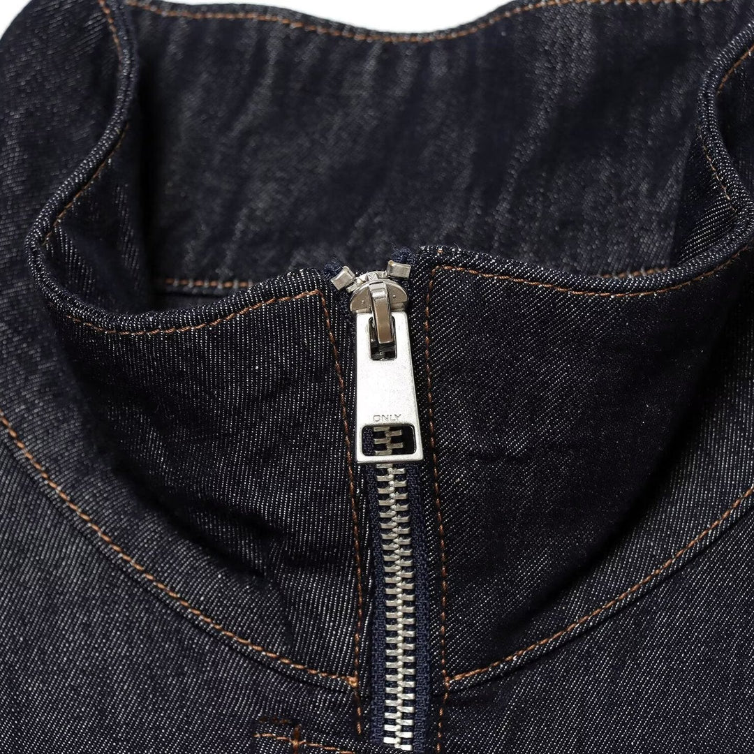 Dam Jeans Kort Blouson med Waist Belt och Hög Stå Krage