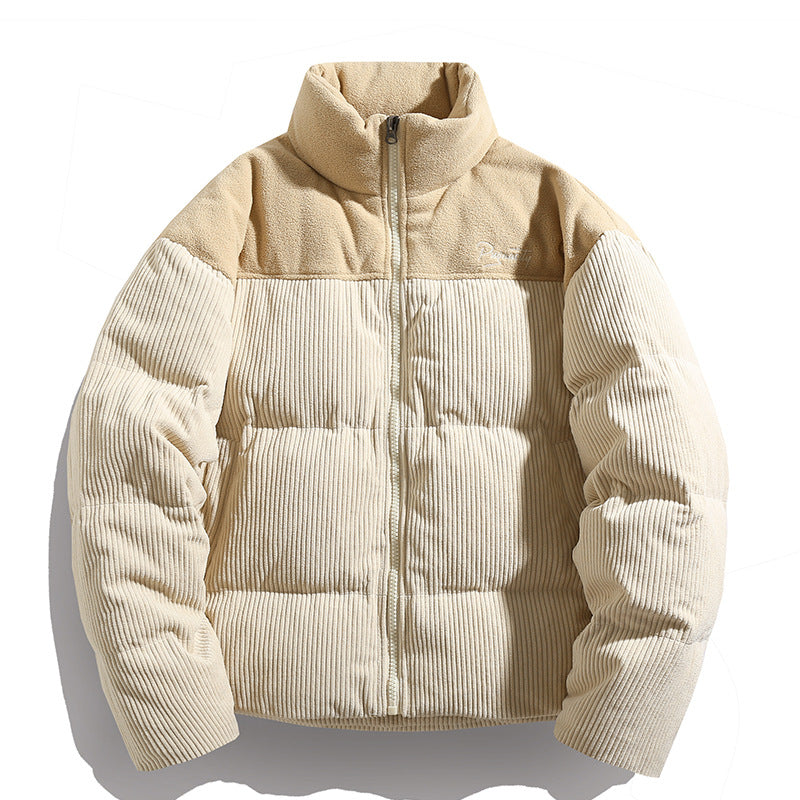 Unisex Vadderad Corduroy Quiltad Jacka med Hög Stå Krage och Contrast Top