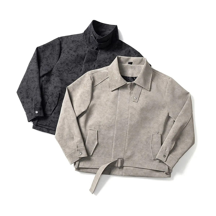 Herr Kort Skärning Sammet Look Jacka med Skjortkrage, Bälte Detail &amp; Dold Dragkedja