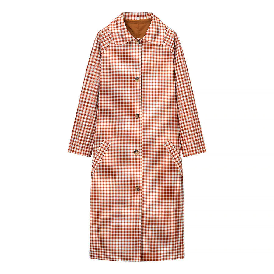 Dam rutig midi trenchcoat med skjortkrage, full knäppning och påsydda fickor