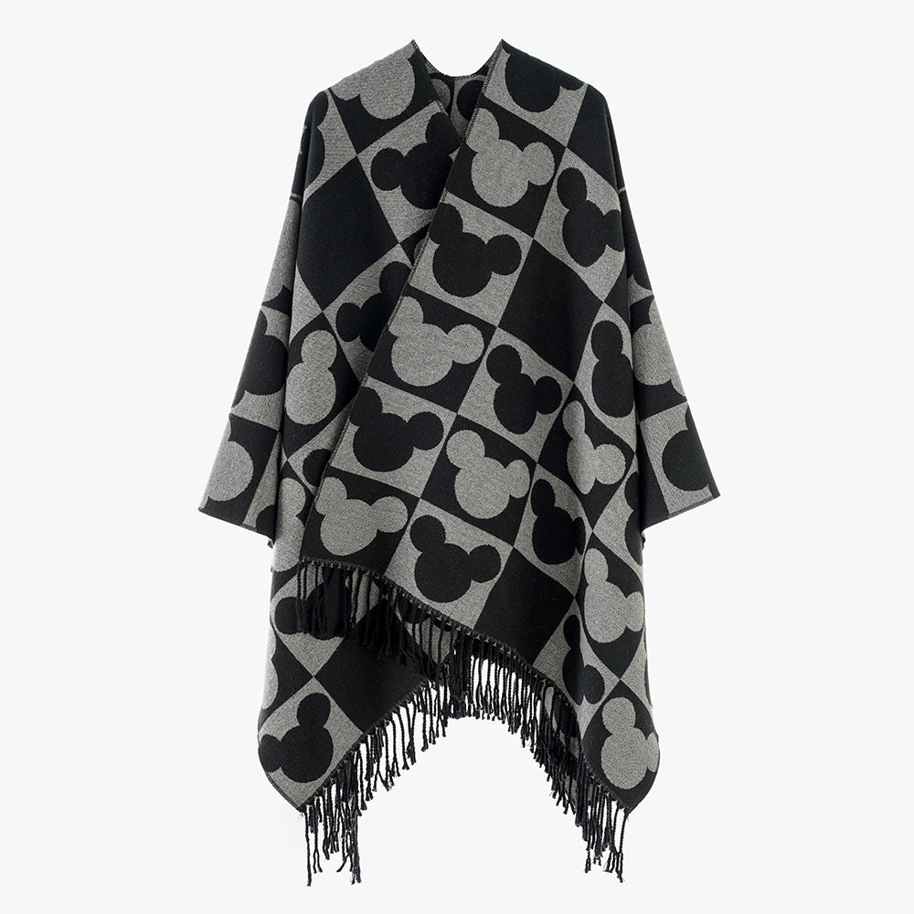 Dam Oversize Jacquard poncho med Graphic Head silhuett mönster och Fringes