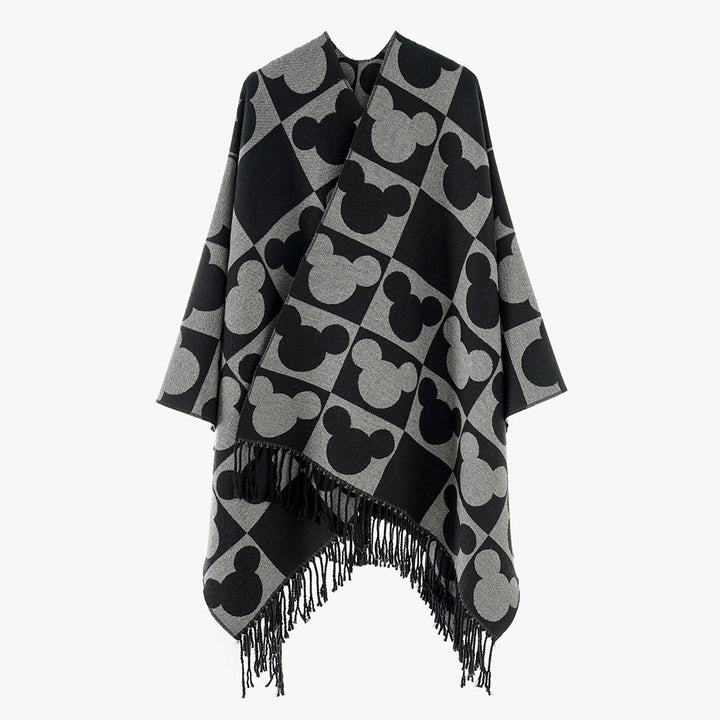 Dam Oversize Jacquard poncho med Graphic Head silhuett mönster och Fringes