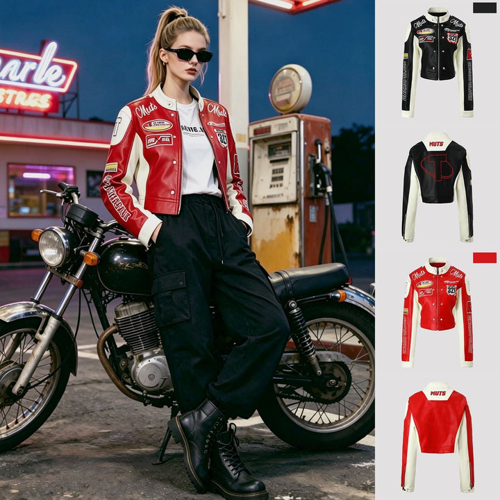 Dam Trendig Bikerjacka med Embroidered Patches