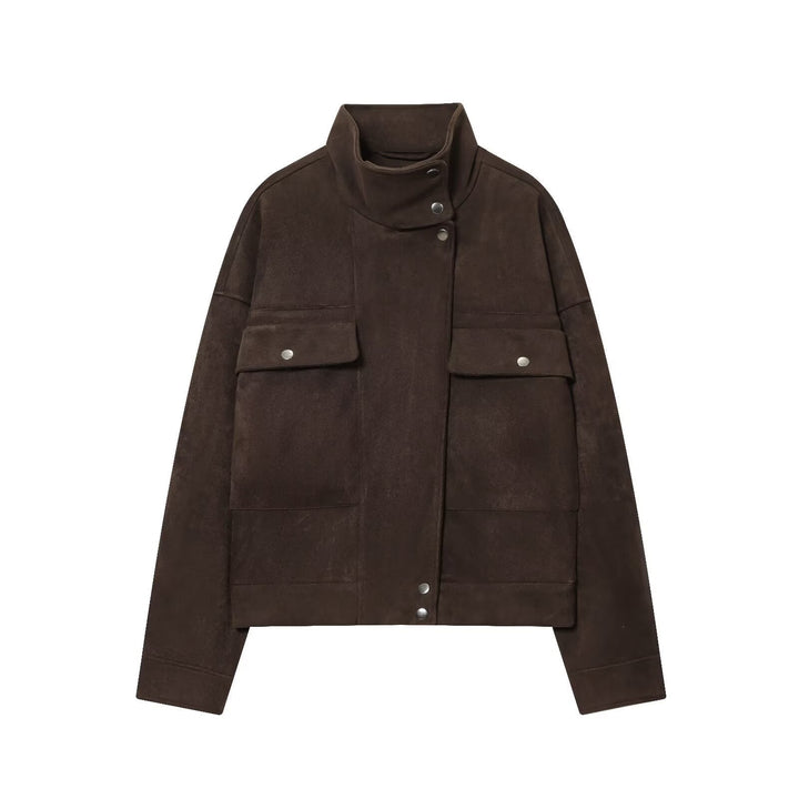 Dam Kort Boxig Jacka i Suede Look med Hög Funnel Neck