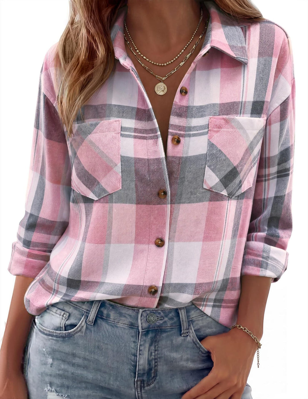 Dam Rutig Oversized Flanell Skjorta Jacka med Bröst Fickor