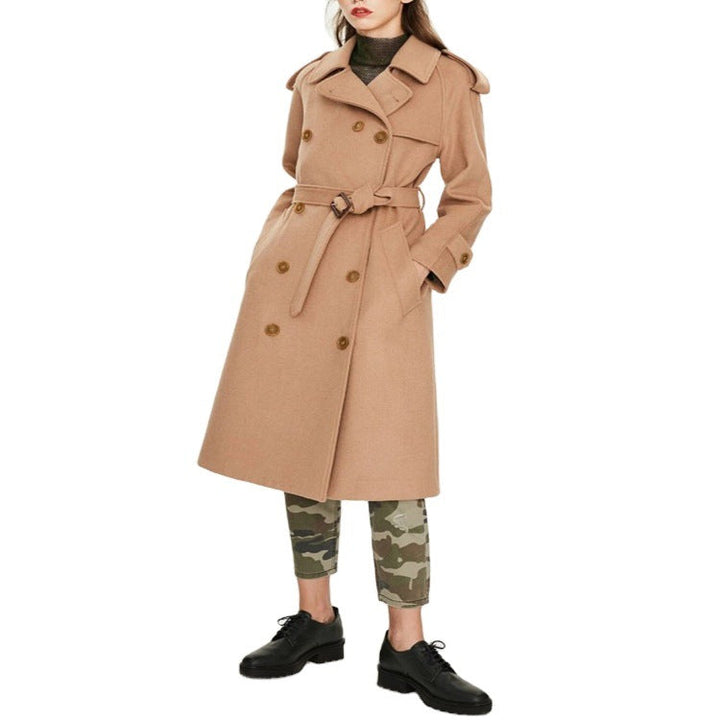Dam Mid-Length Double-Breasted ullblandning trenchcoat med Epaulettes och bälte