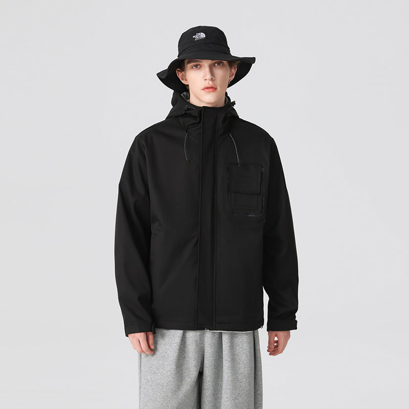 Herr Teknisk Funktionell Jacka med Huva, Vattenavvisande Softshell och Bröst Lock Ficka