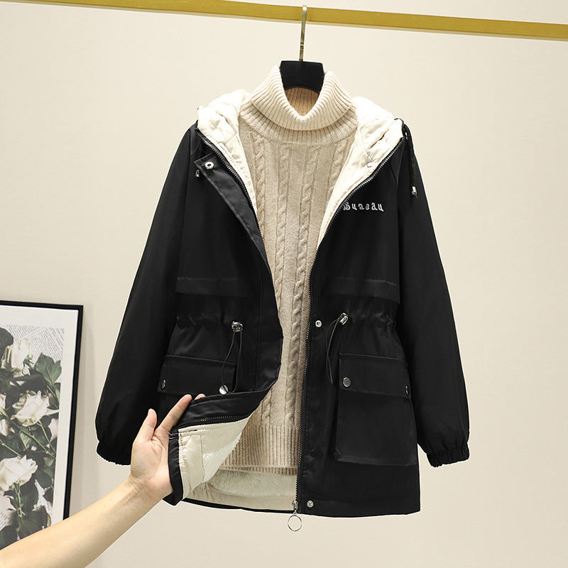 Dam vattenavvisande Hooded Parker med Teddy foder Tunnel Drawstring Waist och Multiple fickor