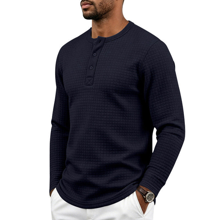 Herr Strukturerad Waffle Termisk Skjorta med Henley Knapplist och Rounded Fåll