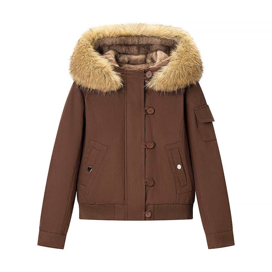 Dam Kort Vadderad Parka Jacka med Huva och Faux Fur Kant