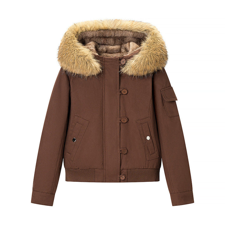 Dam Kort Vadderad Parka Jacka med Huva och Faux Fur Kant