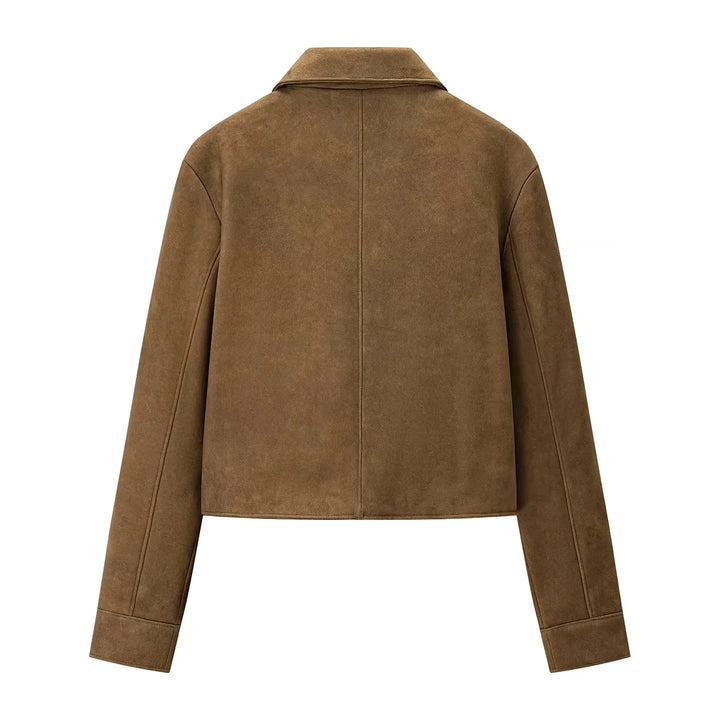 Dam kort-skärning velour jacka med skjortkrage, concealed knäppning, och angled slit fickor