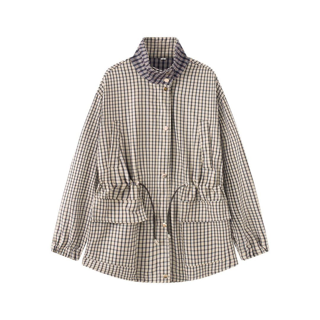 Dam Checked oversize Parka jacka med dragsko och ståkrage