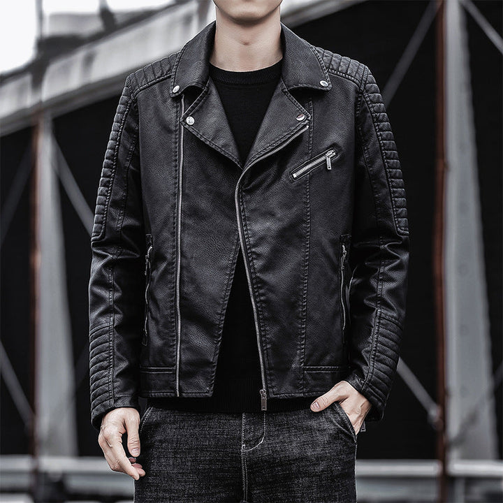 Herr Konstläder Biker Jacka med Quiltad Axel Yoke, Asymmetric Dragkedja och Metal Dragkedja