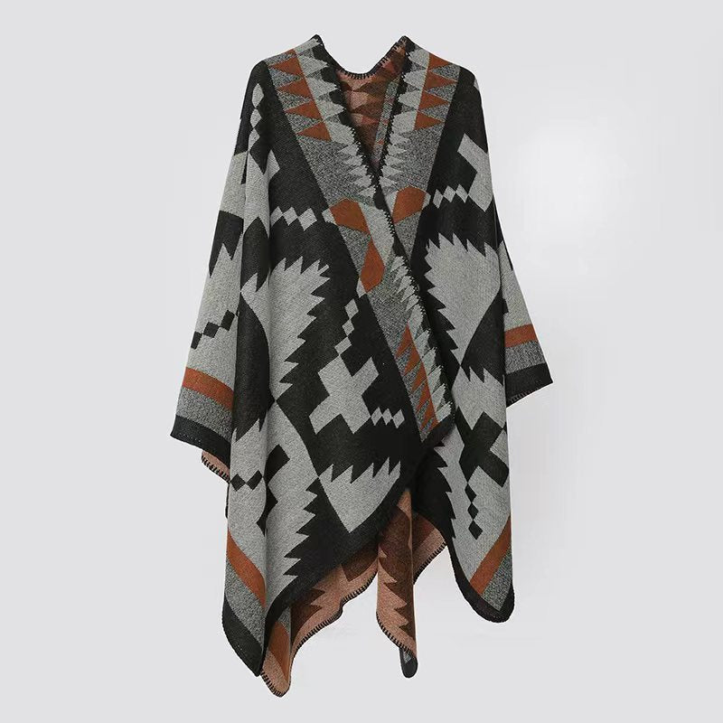 Dam Woven Jacquard poncho i oversized Cape med Ethno-Geometric mönster