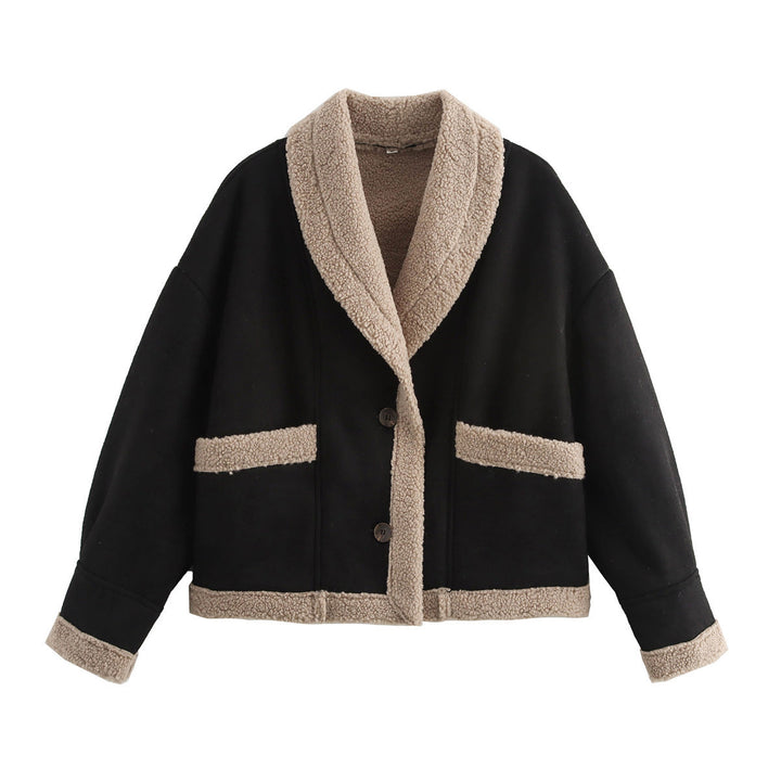 Dam Kort Jacka med Teddy Foder, Shawl Krage, och Oversize Skärning