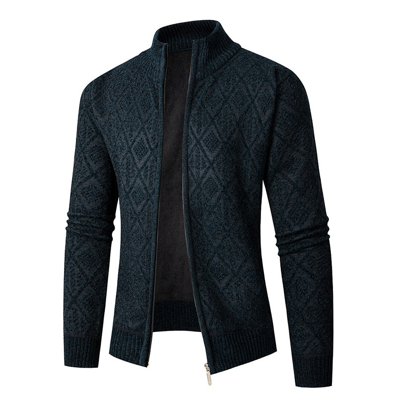 Herr Stickad Dragkedja Jacka med Diamant Jacquard, Standing Krage och Tvåvägsdragkedja