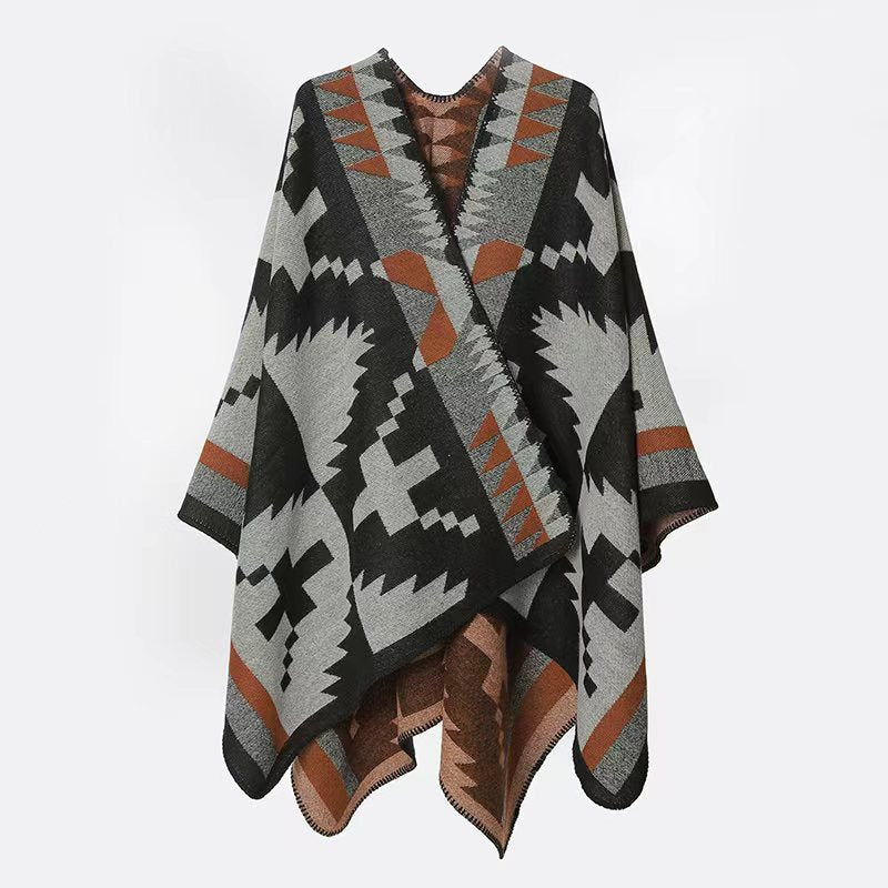 Dam Woven Jacquard poncho i oversized Cape med Ethno-Geometric mönster