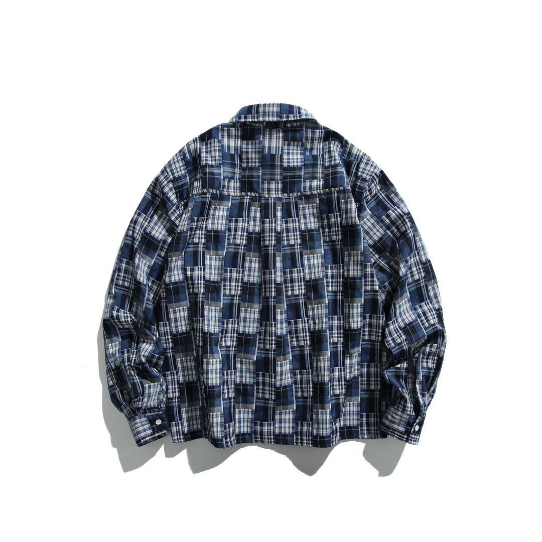 Unisex Patchwork Check Skjorta Jacka i Oversized Boxig Skärning med Bröstficka och Kent Krage