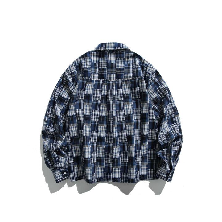 Unisex Patchwork Check Skjorta Jacka i Oversized Boxig Skärning med Bröstficka och Kent Krage