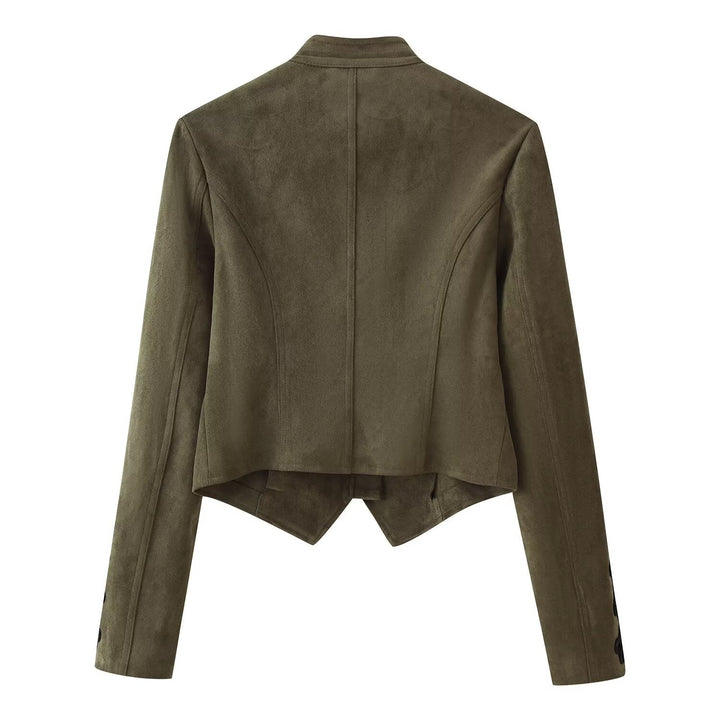 Dam Kort Skärning Suede Jacka i Military Look med Stå Krage och Dekorativ Cord Frog Appliqué
